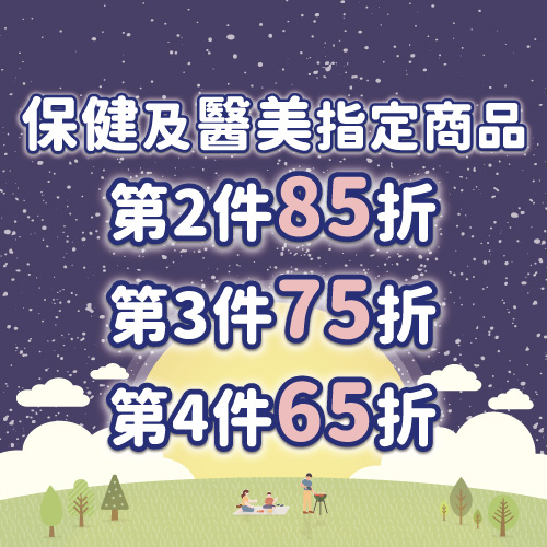 保健及醫美指定商品，第二件85折、第三件75折、第四件65折...